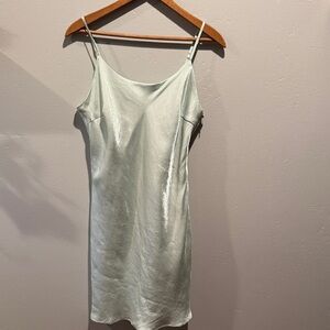 Forever 21 Seafoam Green Blue Satin Shimmer Mini Slip Dress Zip Side Flowy Hem